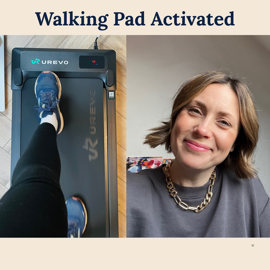 Walking pad, legs and feet and woman smiling with necklace