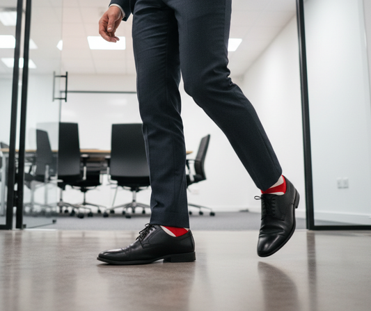 football socks subtly worn under business suit trousers, walking into meeting oom